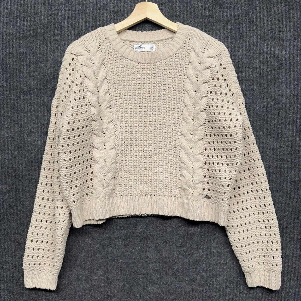 Hollister Cropped Cable Knit Sweater Cream Beige Open Stitch Crew Neck Size XS